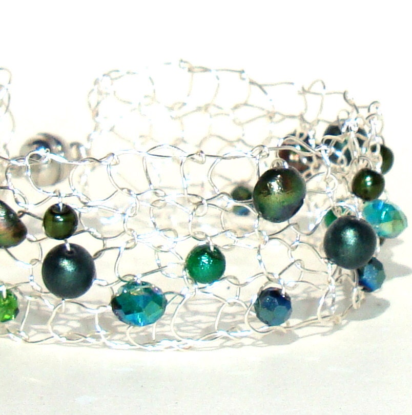 Emerald Pearl Bracelet, Handmade Metallic Modern Knit Cuff, Pearl & Crystal, Green, Olivine, Hunter Pearls May birthstone