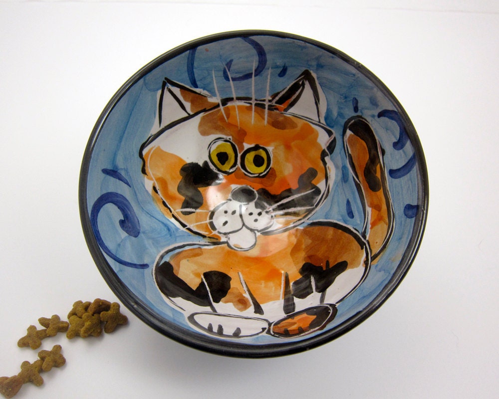 Ceramic Bowl Dish Pottery Clay Majolica Orange Black White Calico Cat on Turquoise Blue Handmade