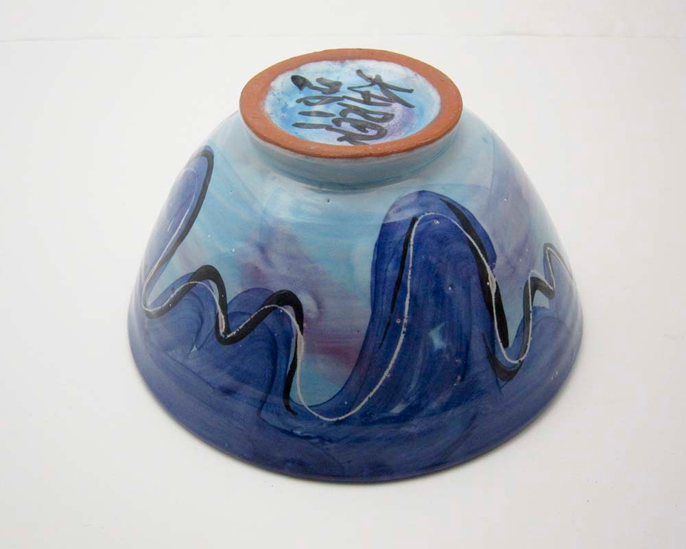 Handmade Ceramic Pottery Majolica Bowl Serving Earthenware Clay Lion Fish Blue and Yellow Gold