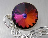 Kaleidoscope Swarovski Rivoli Crystal and Sterling Silver Necklace, Sterling Silver Setting, Rainbow, Pink Magenta Purple Yellow Orange