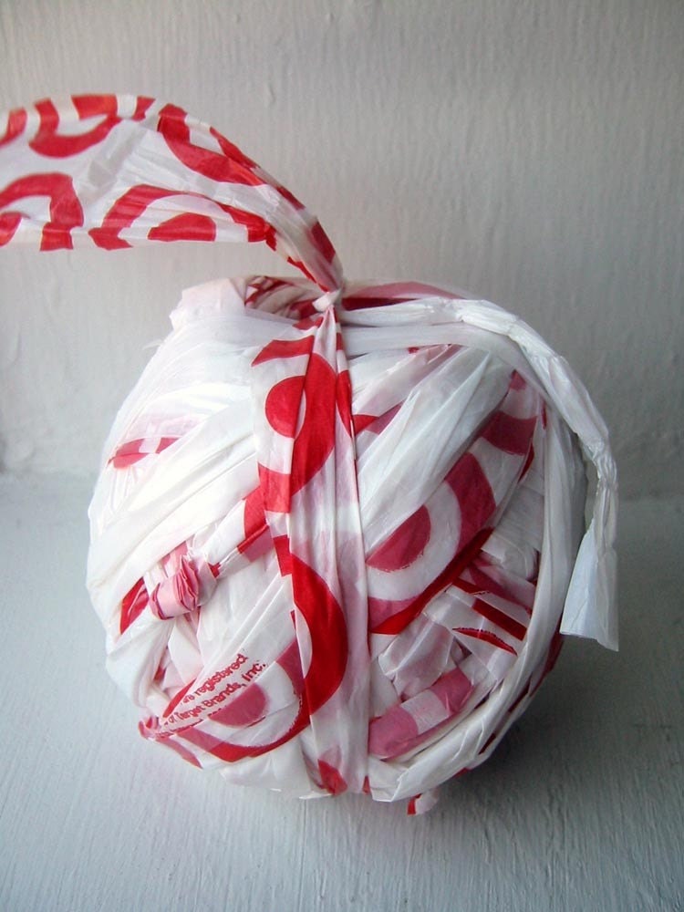 Red and White Plarn Ball- Plastic Yarn- Great for Crochet Projects- About 56 Yards