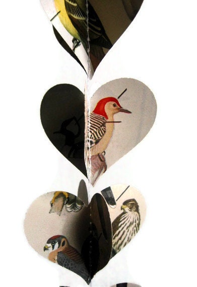 Heart Garland- Birds- Paper Decoration- Vintage Field Guide to Birds
