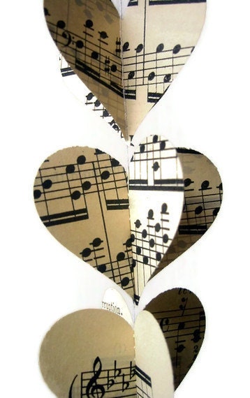 Heart Garland- Vintage Sheet Music- Express Your Love- Paper Heart Garland Decoration- Ready to Ship