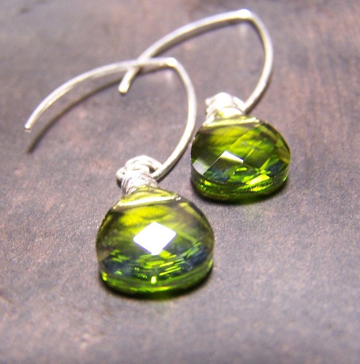 Green Drops on Silver Hooks Swarovski and Sterling Earrings
