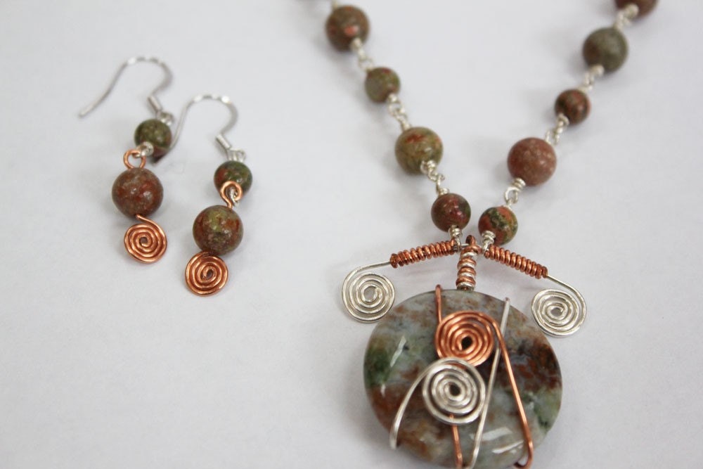 Jasper Swirl Copper and Sterling Silver Wrapped Necklace and Earring Set