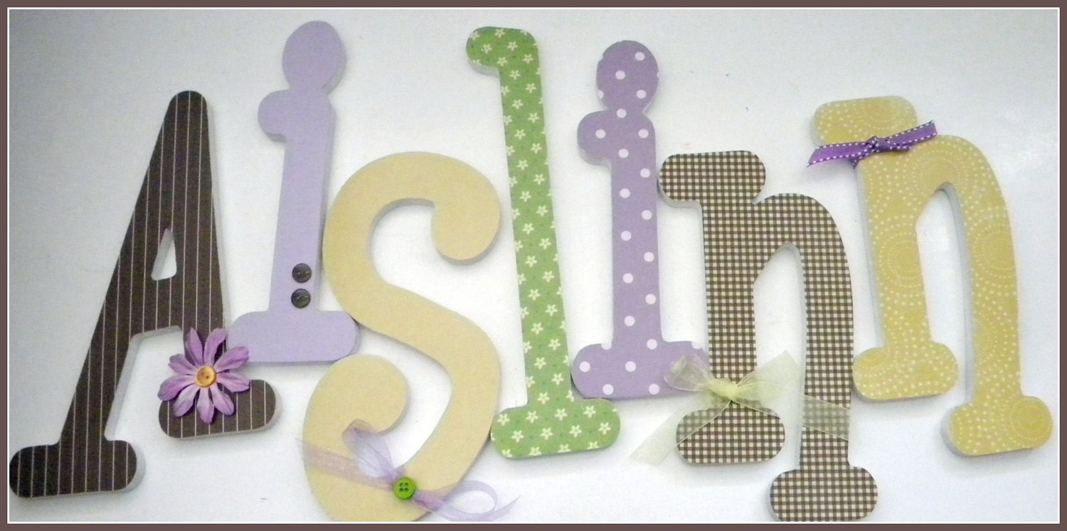 7 Wooden Letters -EIGHT INCH Whimsical Letters - set of 7 - Nursery Decor