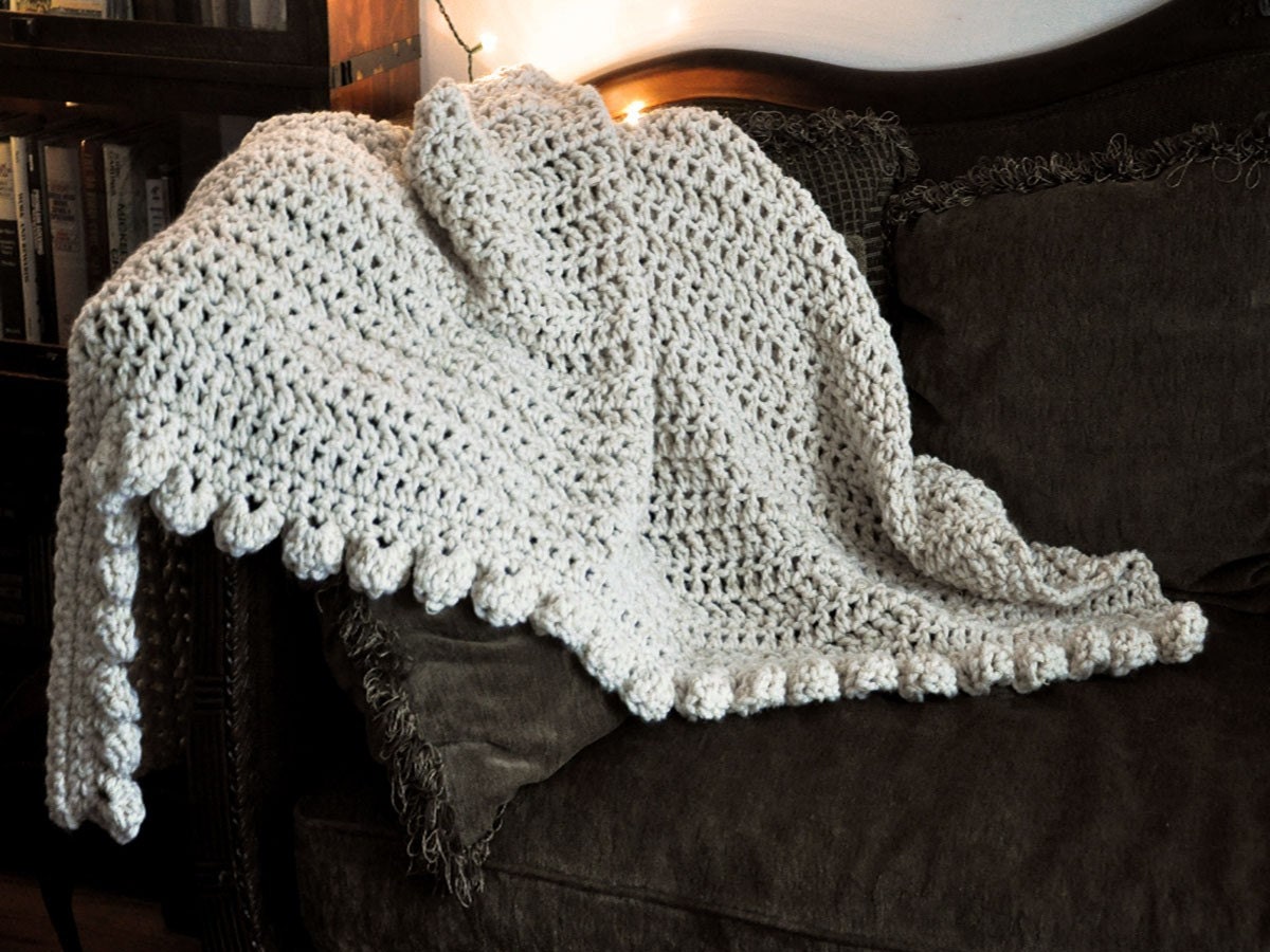 Crochet Couch Afghan Blanket in Holiday Cream and Gold with a Scalloped Edge