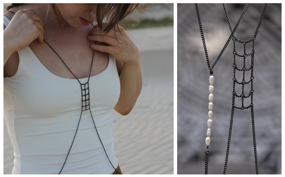 Pearl and Gunmetal Delicate Body Chain, Reversible Vest