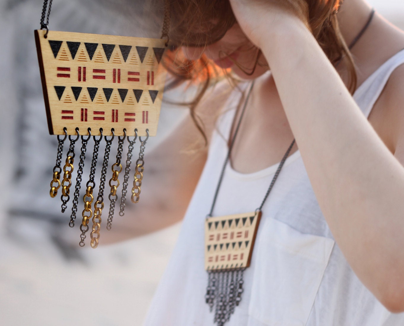Wooden Tribal Necklace Geometric and Chain Fringe