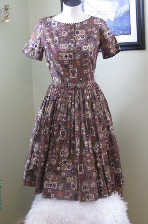 Folk Art Dark Brown 50s Bobbie Brooks Casual Dress