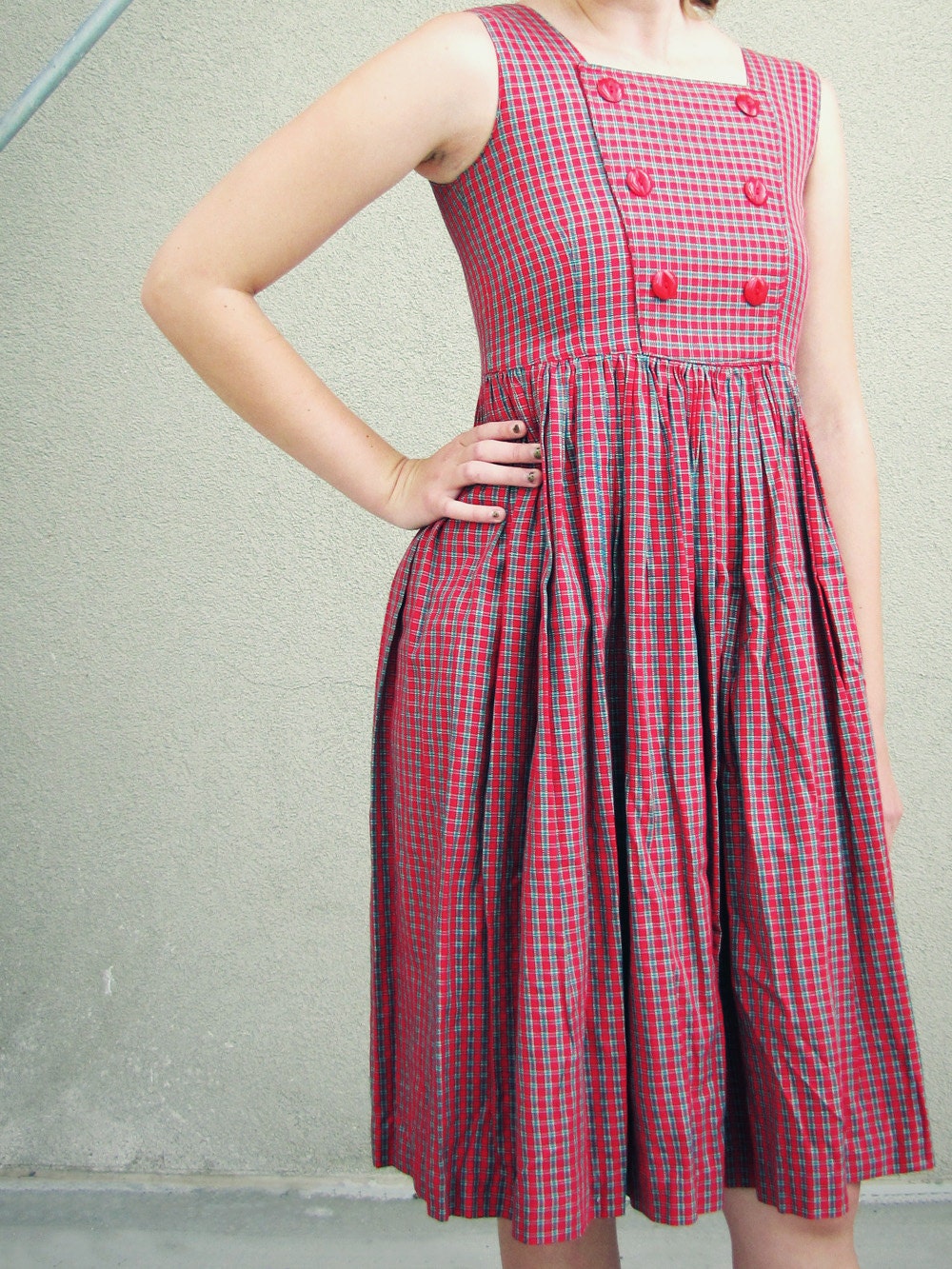 Dress Vintage Plaid Red 1960s Full Skirt