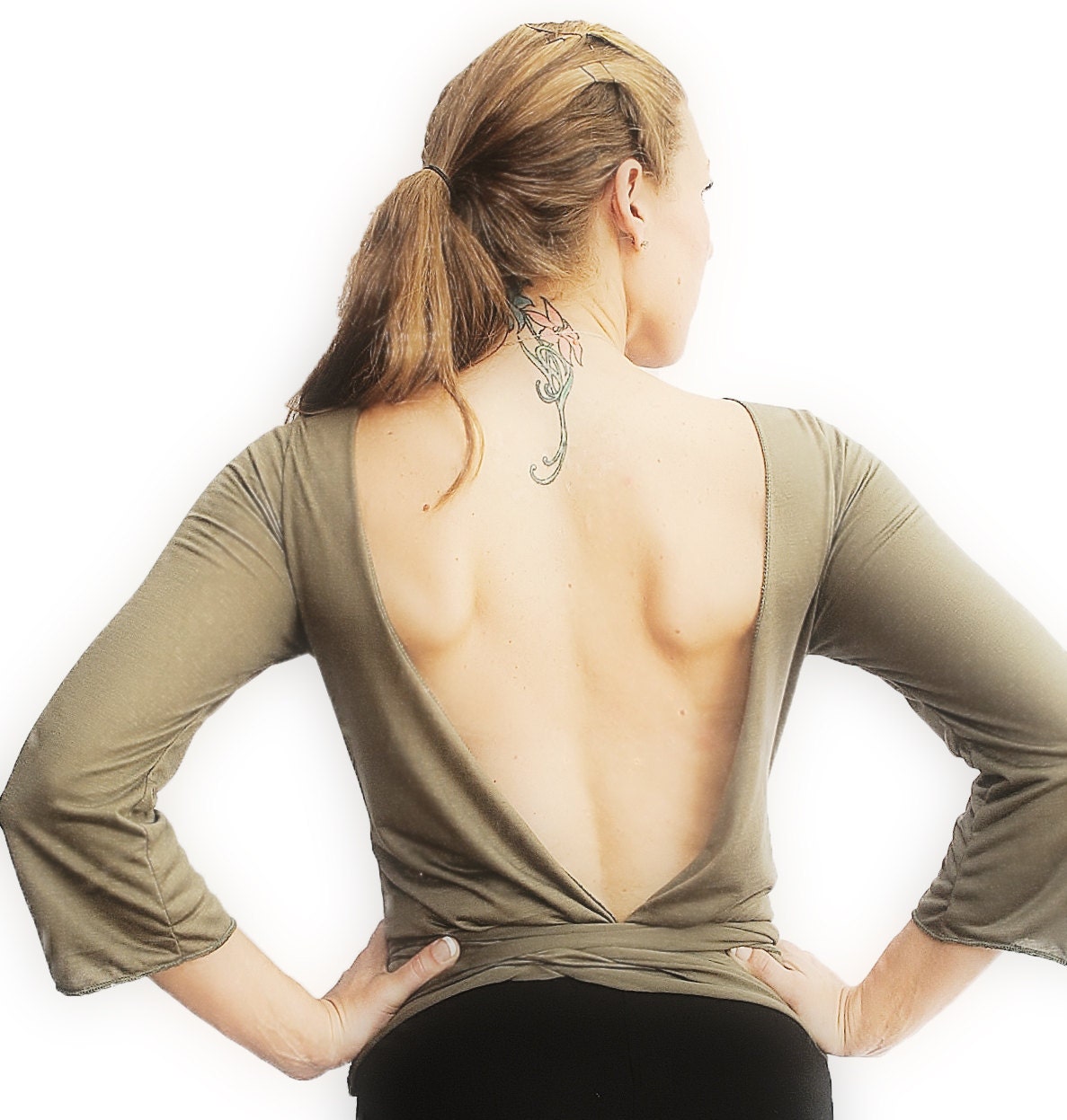 Open Back  Wrap Top Womens Clothing Knit Top in Soft Olive Green - FineThreadz