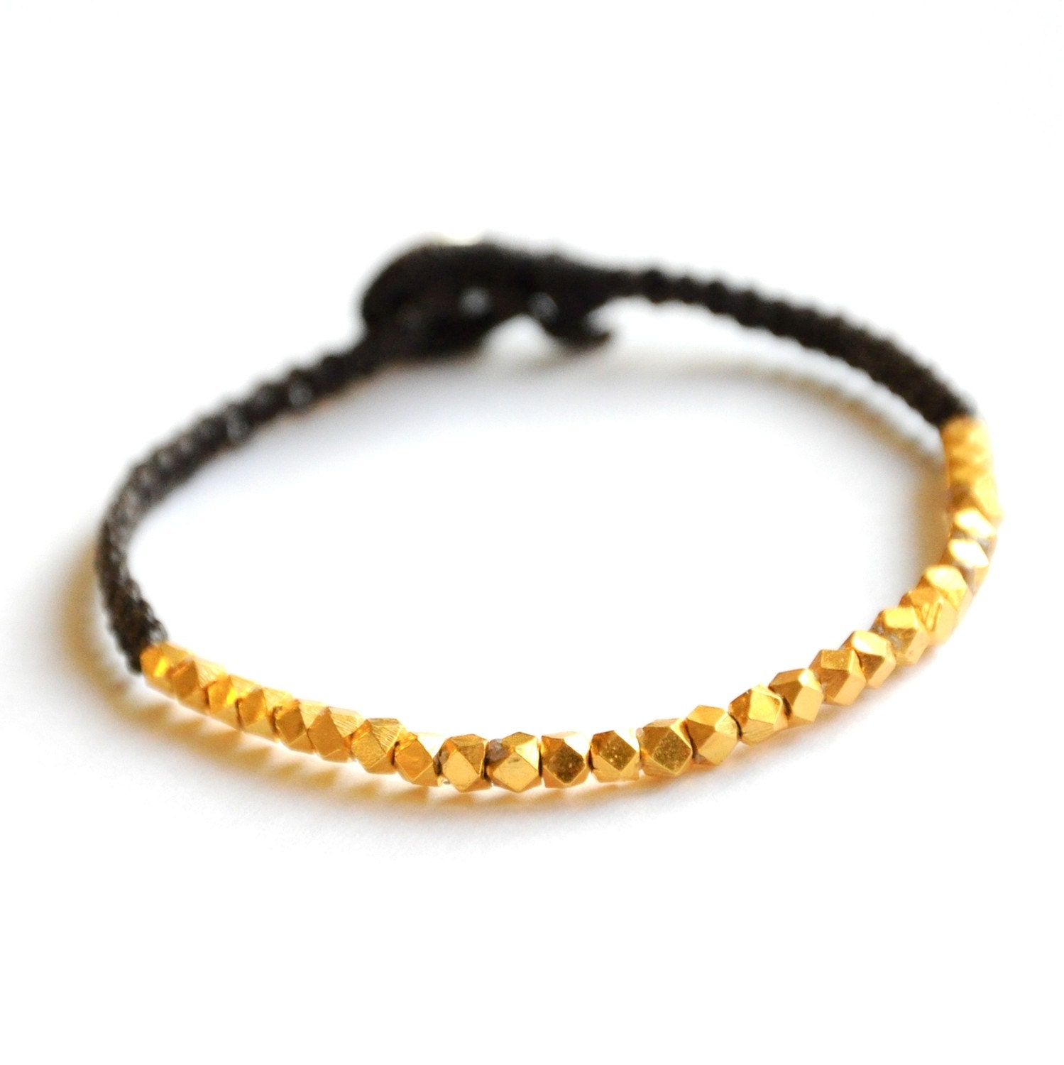 Woven Gold friendship bracelet - Chunky Faceted Gold Vermeil- on Jet Black waxed Irish linen cord bracelet