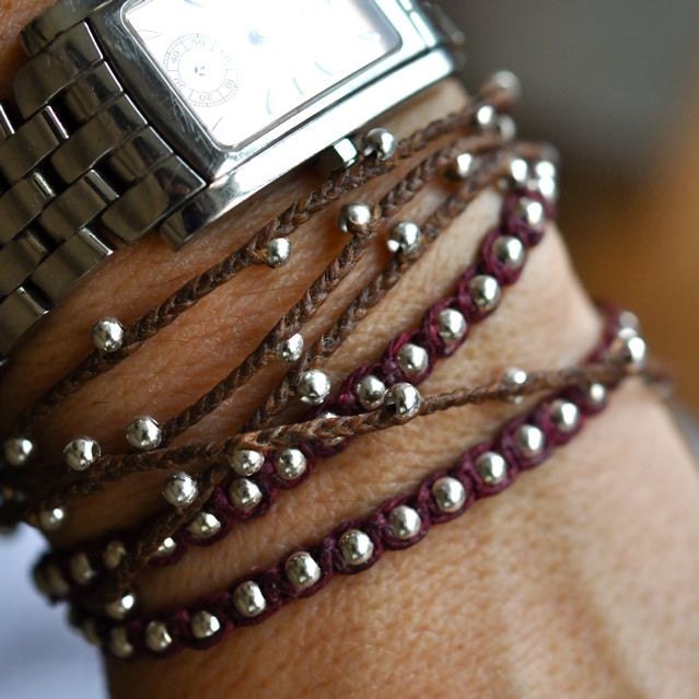 knotted braiden wrap Quadruple Twinkle bracelet /necklace with sterling silver and Walnut waxed Irish linen cord