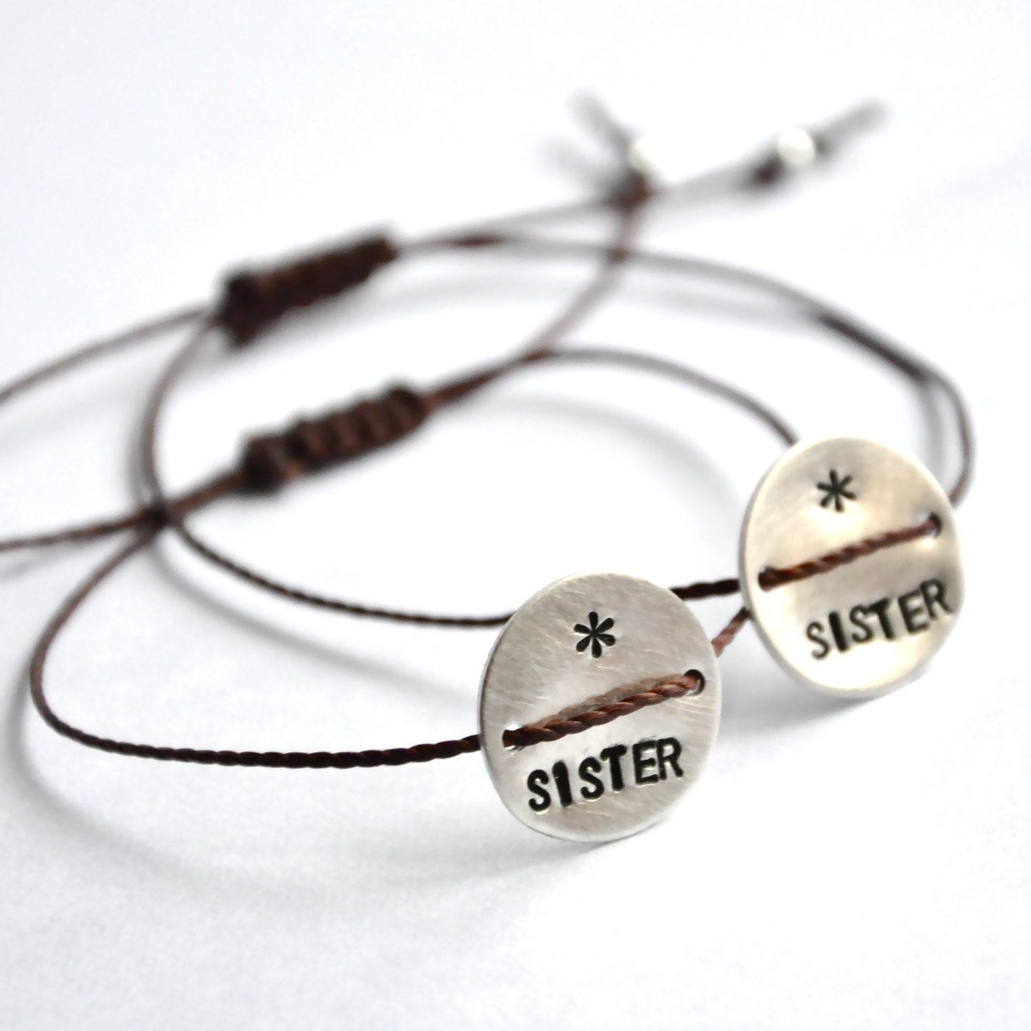 Hand Stamped Bracelet - 3 X SISTER hand stamped and customized sterling silver Disc on waxed fudge cord bracelet