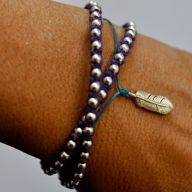 Wrap bracelet - Silver Beaded bracelet - Plum Irish linen cord - simple beaded bracelet