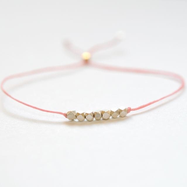 Pure Silver Wish bracelet.  Powder Pink Irish linen cord. Faceted nugget beads