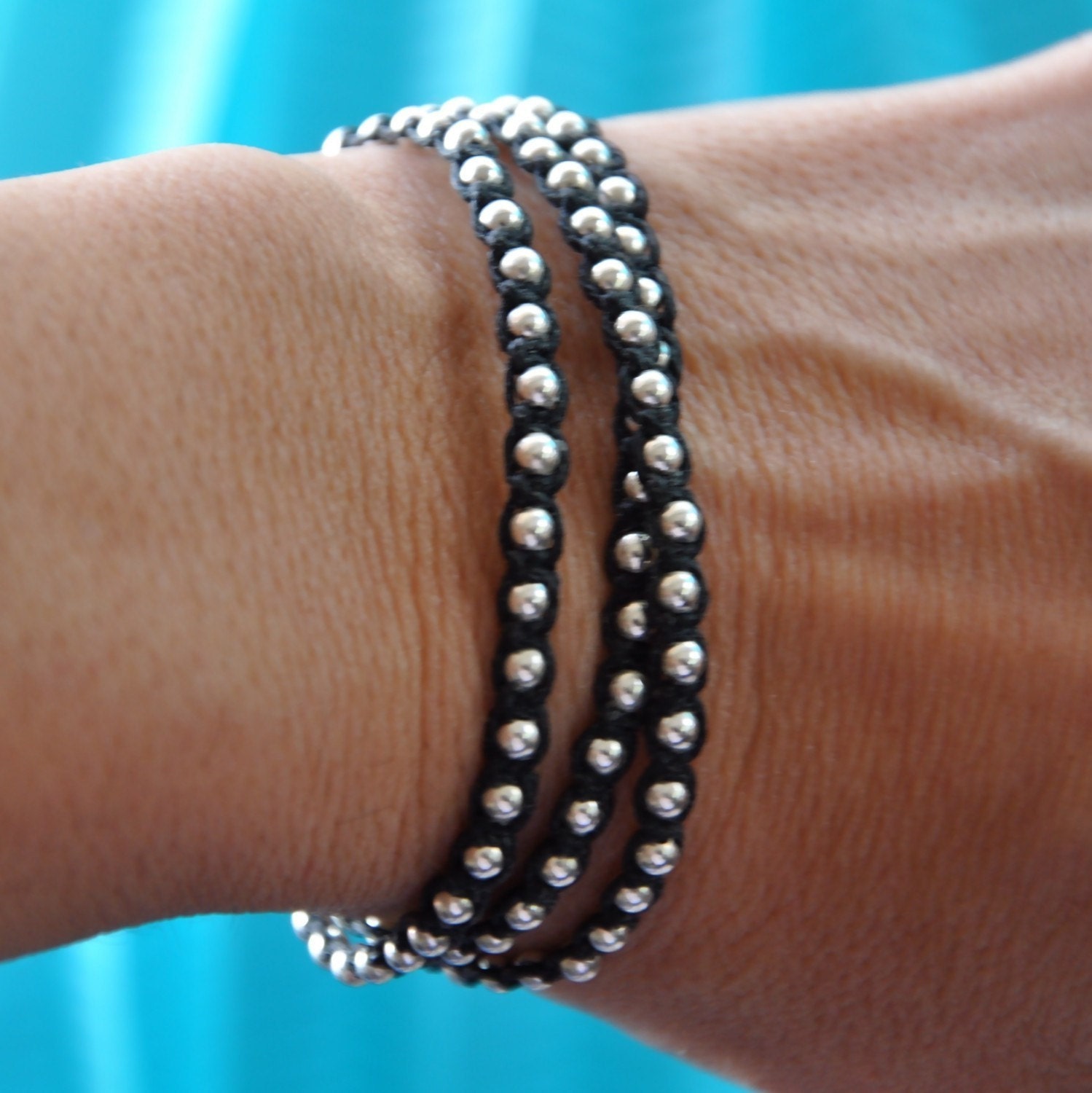 Silver Wrap bracelet - sterling silver- triple wrap - Irish linen cord