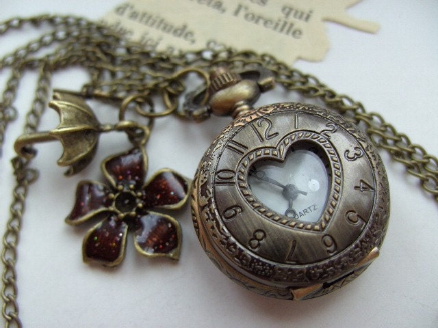 Bronze, vintage style,Round, pocket watch, pendant, heart, charms, enamel, burgundy, umbrella, by NewellsJewels on etsy
