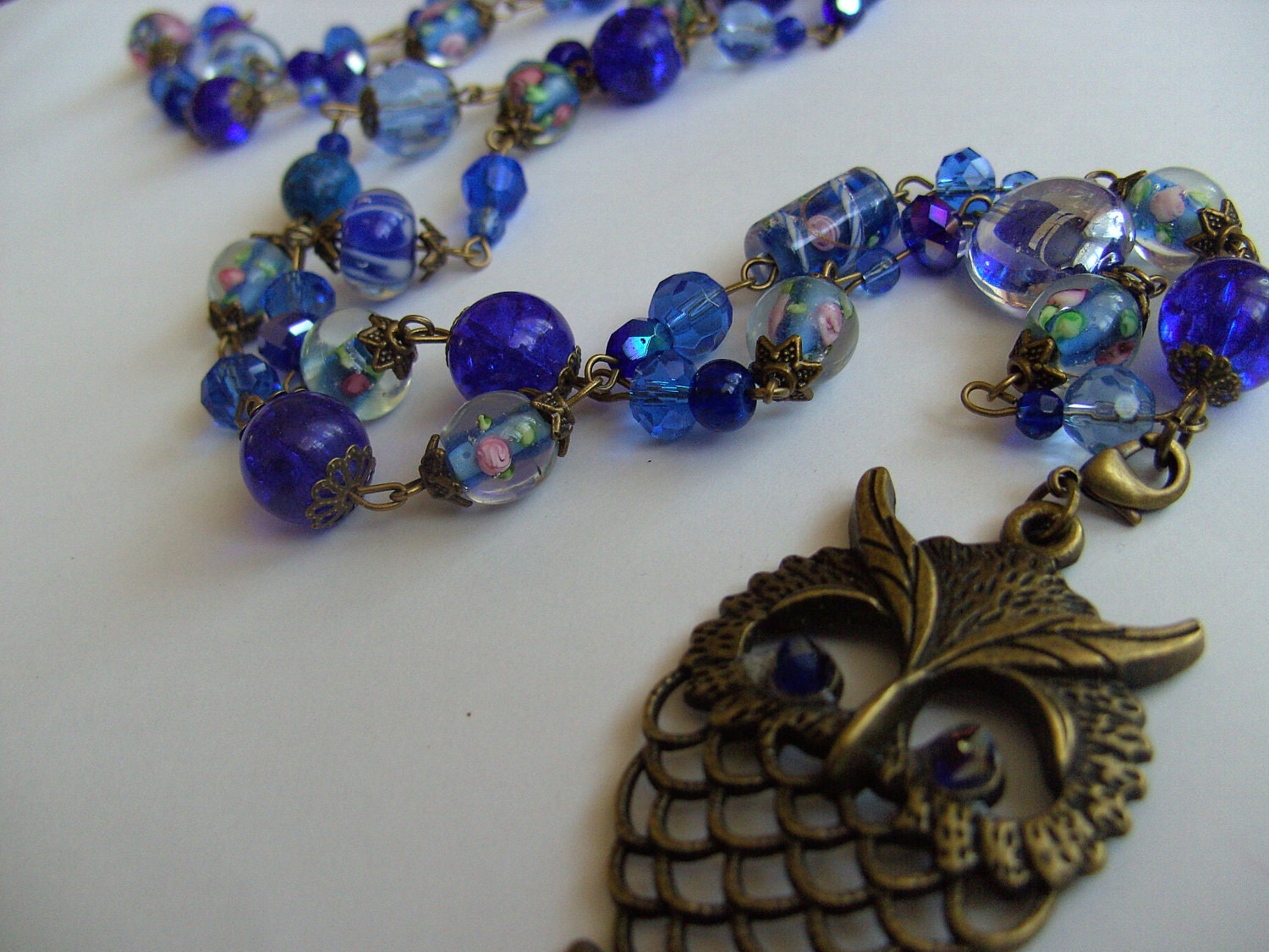 COBALT BLUE, Owl, pendant,bronze, glass beads, necklace, lamp work glass, By kadootje77 on etsy