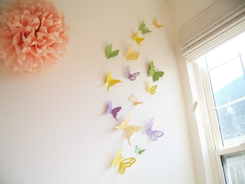 15 Assorted Butterflies, Yellow, Green, Purple, Paper, Wall Decor, Decal, 3D, Stickers, Nursery, Baby Shower, Girls Room, Cardstock