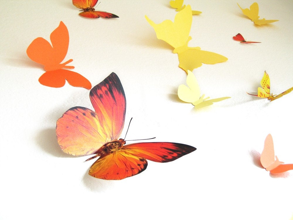 15 Butterflies, Paper, Wall Decor, Art, Decal, 3D, Orange,Yellow, Nursery, Baby, Wedding Decor, Baby Shower, Cardstock, Eco-friendly