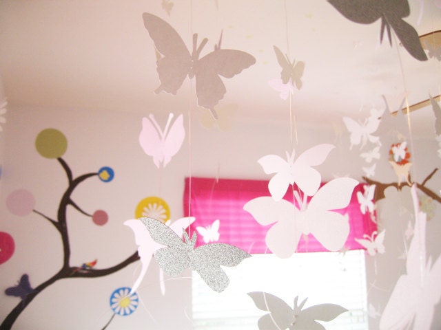 8 Strands  White Butterfly Hanging, Ceiling Hanging, Paper, Art, Nursery, Baby, Wedding Decor, Baby Shower, Girls Room