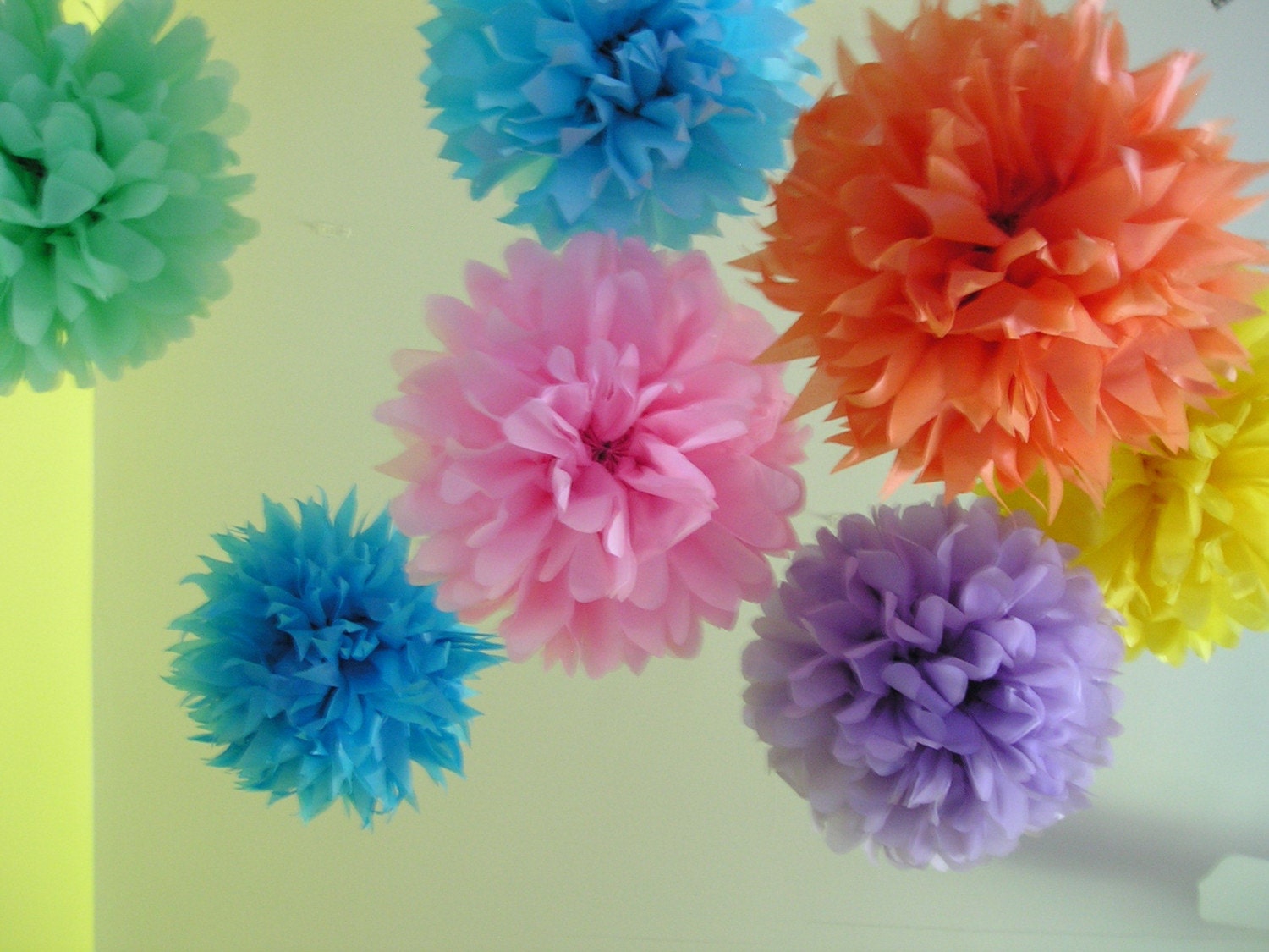 Set of 7 Flower Poms - Your Colors - Pom poms for wedding, bridal shower, birthday party, baby shower, nursery, college dorm, child / teen