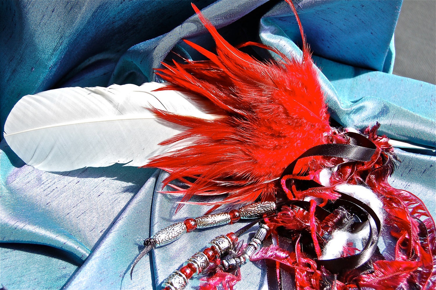 Red, White, and Blue Smudge Feather with Ribbons and Silver Beads