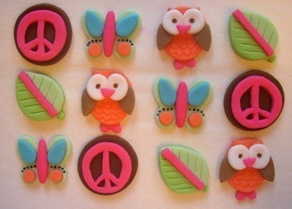 Fondant Cupcake Toppers - Hippie Chick - Edible Hippie Chick Cupcake Decorations Il_570xn