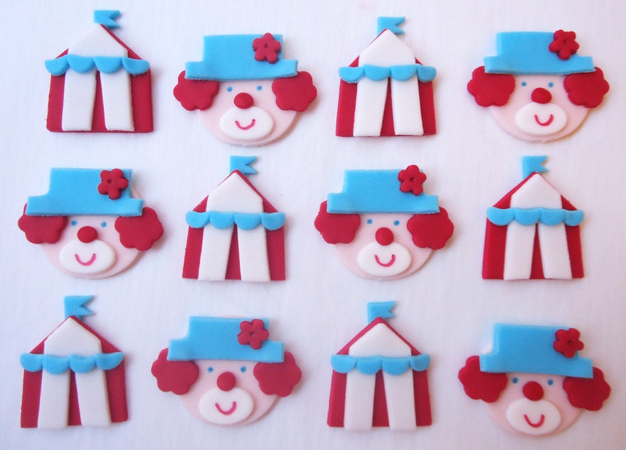 Edible Cupcake Toppers - Circus Big Tops and Clowns - Fondant Cupcake Decorations Il_570xn