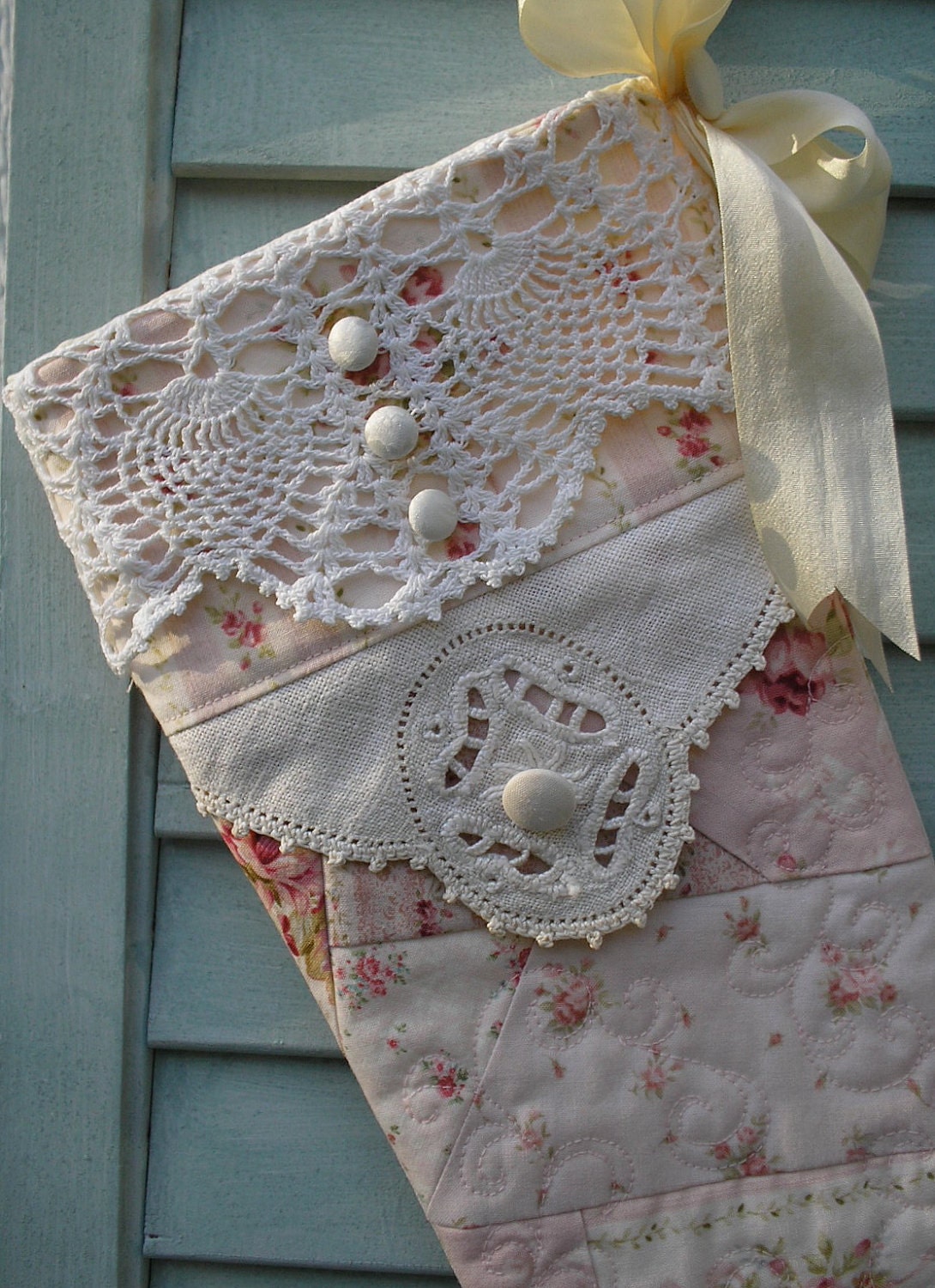 Reserved for Kristen - Pink Christmas Stocking, Quilted Rose Patchwork, Shabby Chic, Vintage Crochet and Embellishments