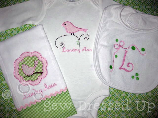 Monogrammed Burp Cloth, Bodysuit, Bib Gift Set for Baby Girl - Personalized Embroidered - Sweet Bird Gift Set