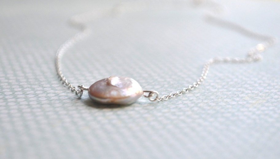 Large White Pearl Necklace - single freshwater coin pearl & sterling silver - simple everyda jewelry - adenandclaire