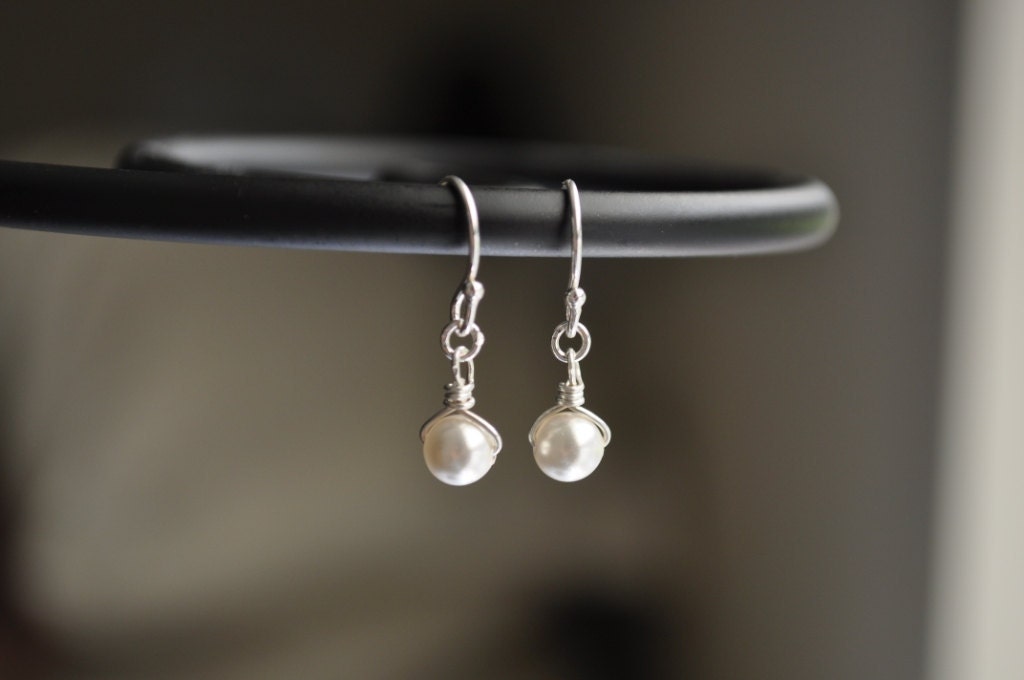Tiny Pearl Earrings - white swarovski pearl sterling silver simple wedding jewelry - adenandclaire