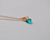 Tiny Teardrops Necklace - Teal Hydro Quartz & Cubic Zirconia gold filled - simple sweet wedding jewelry