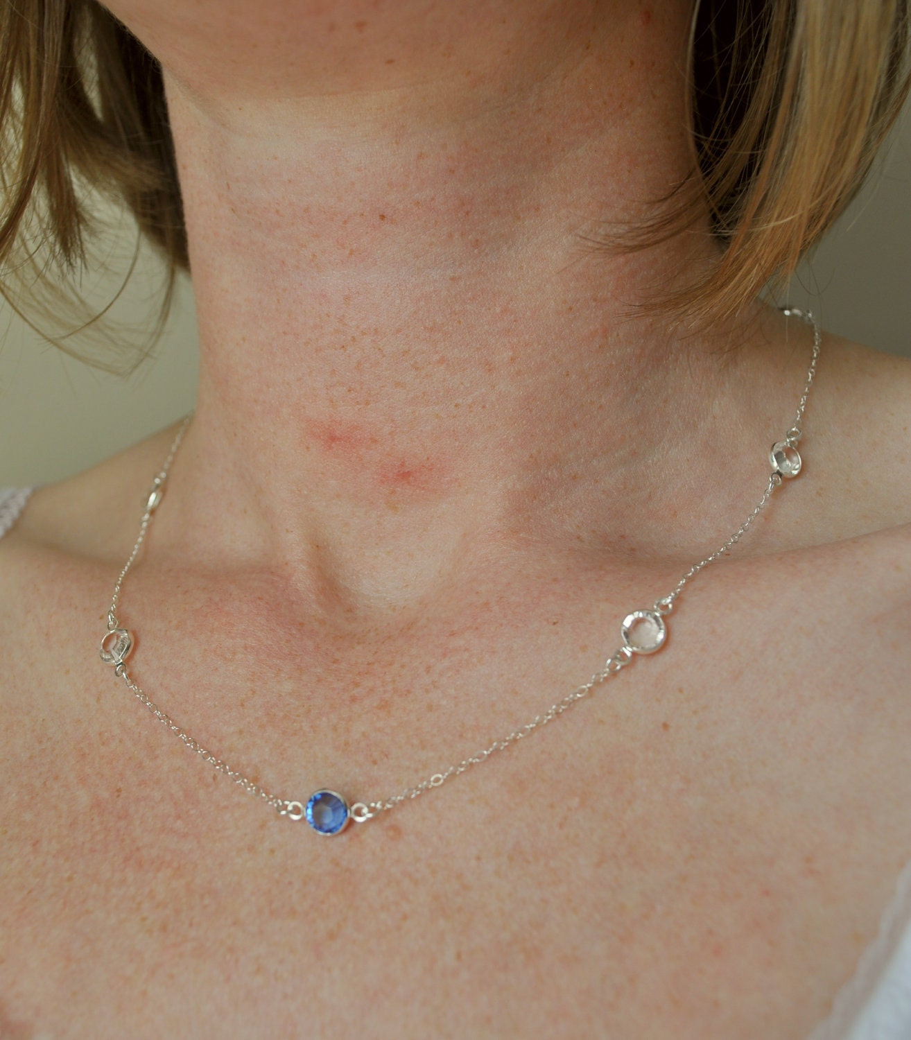 Blue Pebble Necklace - swarovski crystal sterling silver round gem scattered something blue bride - simple wedding jewelry