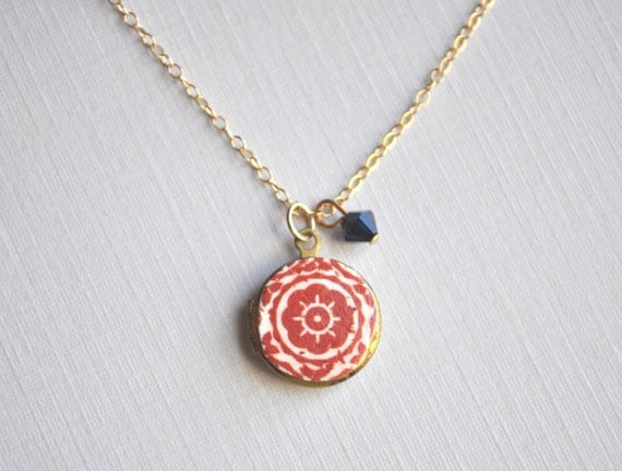 Red & gold locket necklace - simple everyday jewelry - adencreations