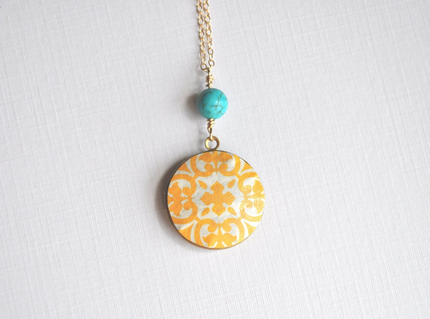 Sunshine Locket Necklace - long, round locket, yellow, turquoise, & gold - simple modern jewelry - adencreations