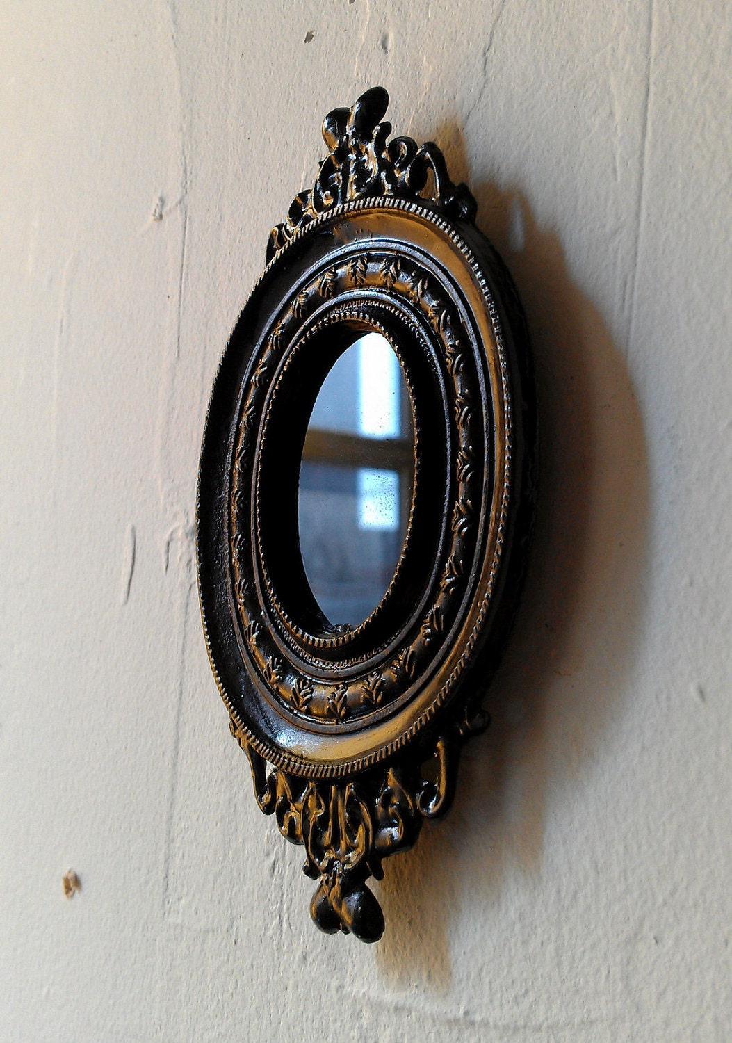 Black Scrying Mirror in Miniature Vintage Brass Frame