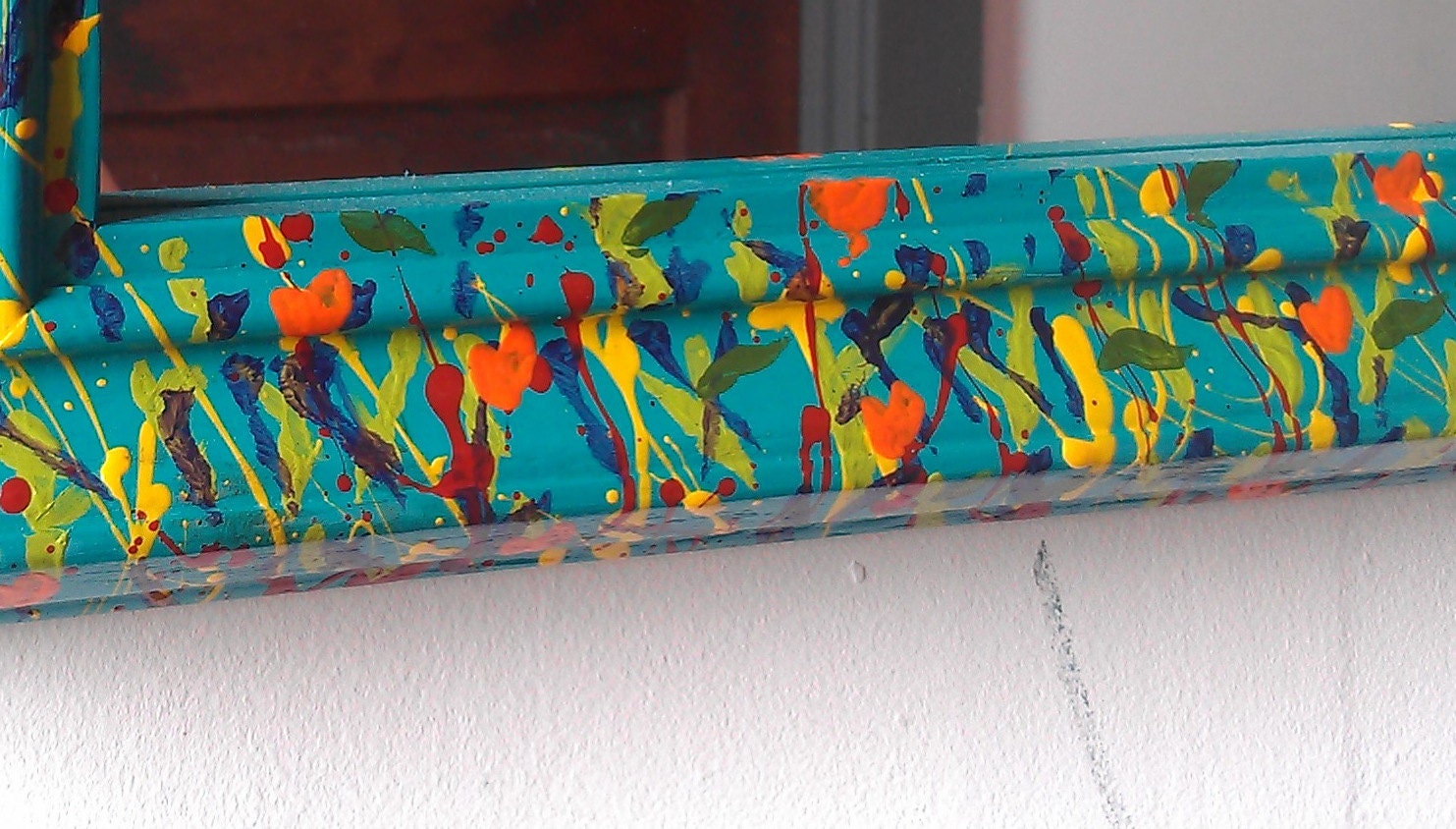 Turquoise Wall Mirror with Hand Painted Spring Flower Garden
