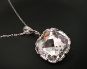 Bridal wedding jewelry bridesmaid gift prom party Swarovski clear white vintage square estate  crystal rhinestone sterling silver necklace