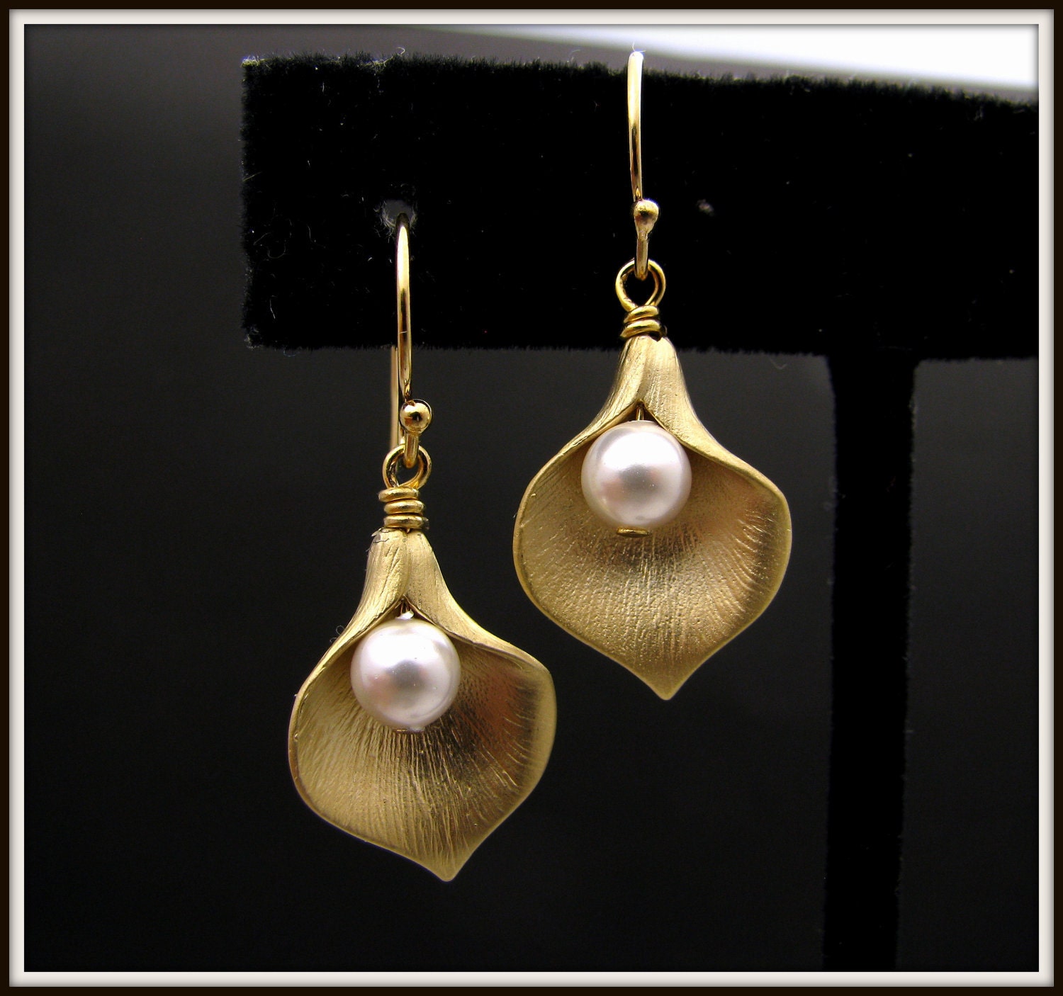 swarovski white pearl lily flower earrings with golden hook- Free US shipping