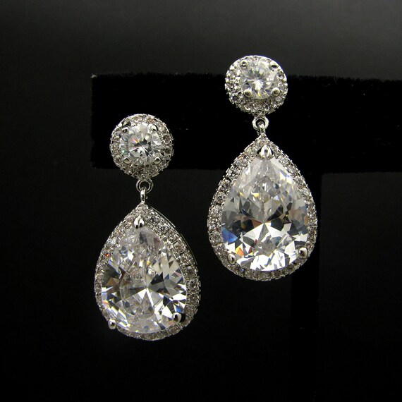 bridal jewelry wedding jewelry wedding earrings Bridesmaid jewelry prom party gift Clear white teardrop AAA cubic zirconia post earrings