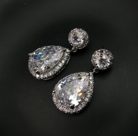 bridal jewelry wedding jewelry wedding earrings Bridesmaid jewelry prom party gift Clear white teardrop AAA cubic zirconia post earrings