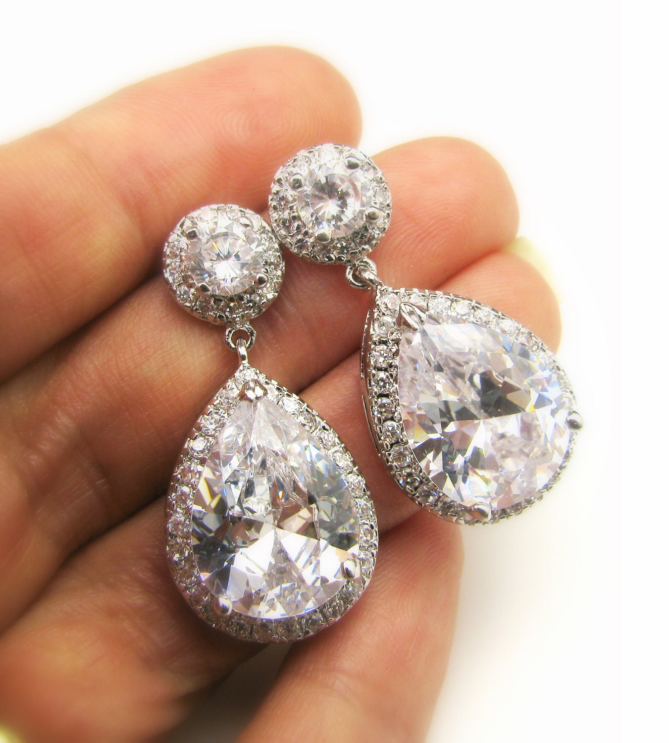 bridal jewelry wedding jewelry wedding earrings Bridesmaid jewelry prom party gift Clear white teardrop AAA cubic zirconia post earrings