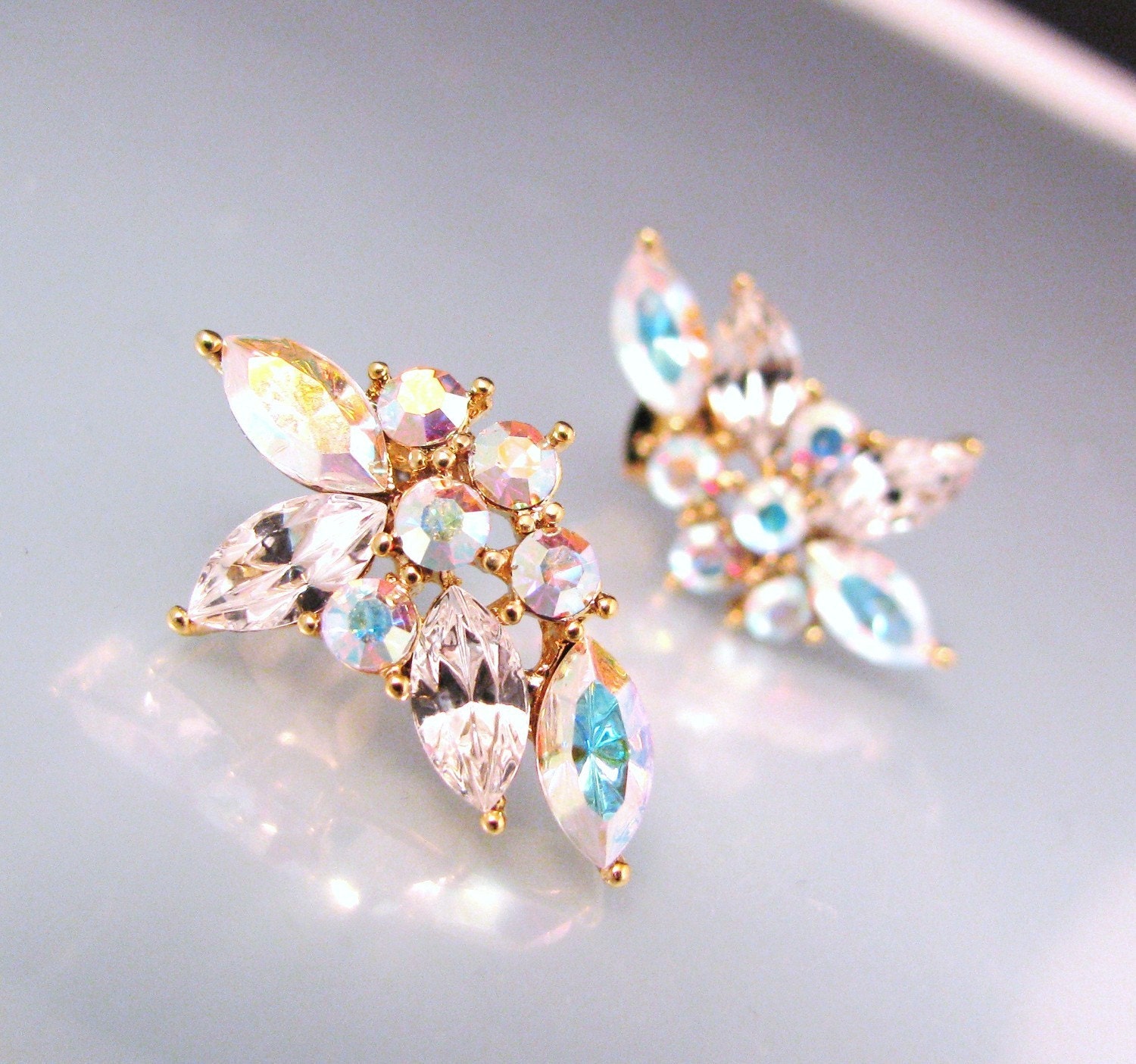 White AB crystal rhinestone flower post earrings - Free US shipping