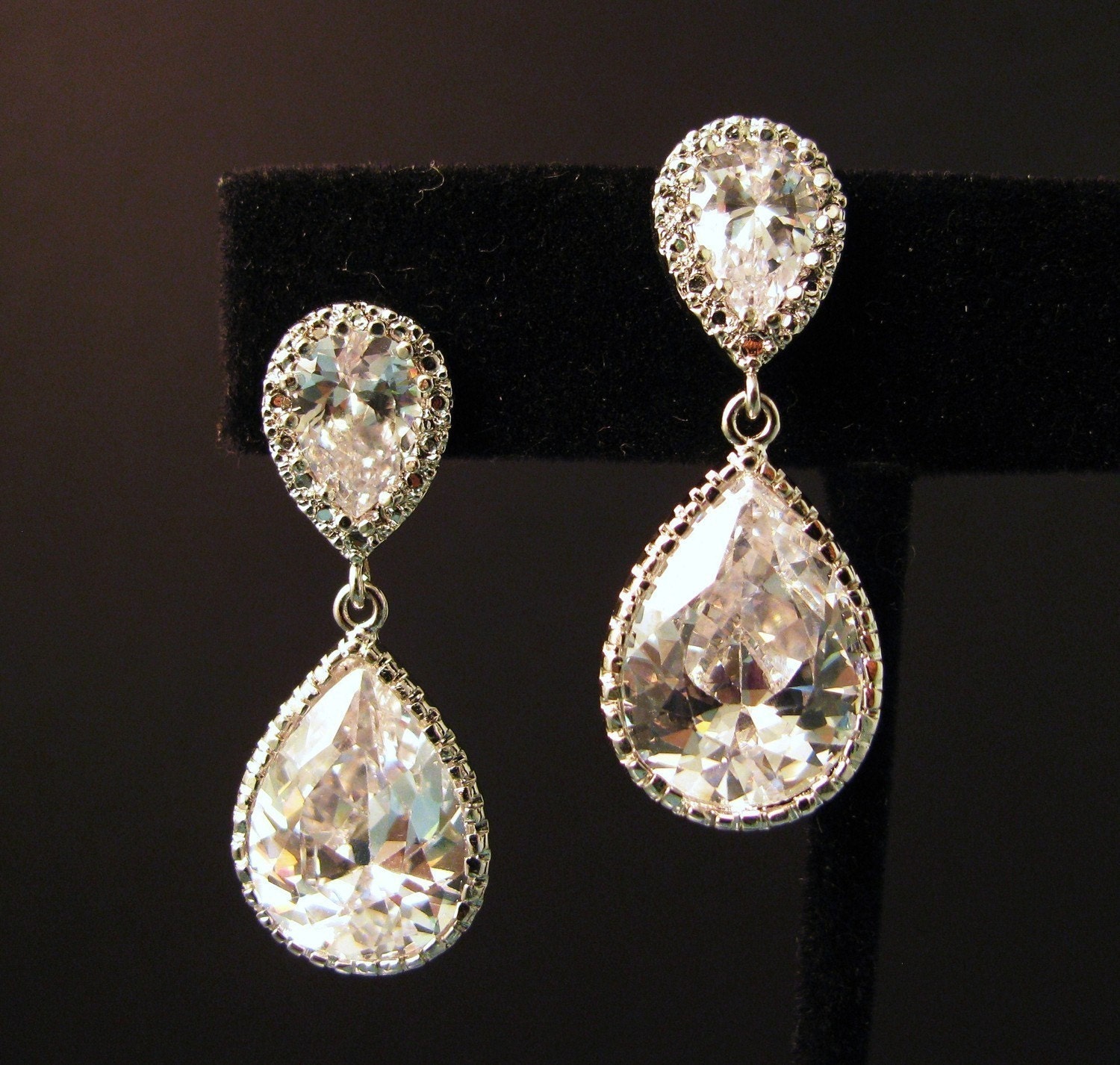 bridal wedding Clear white teardrop cubic zirconia cz on teardrop cz post earrings - Free US shipping