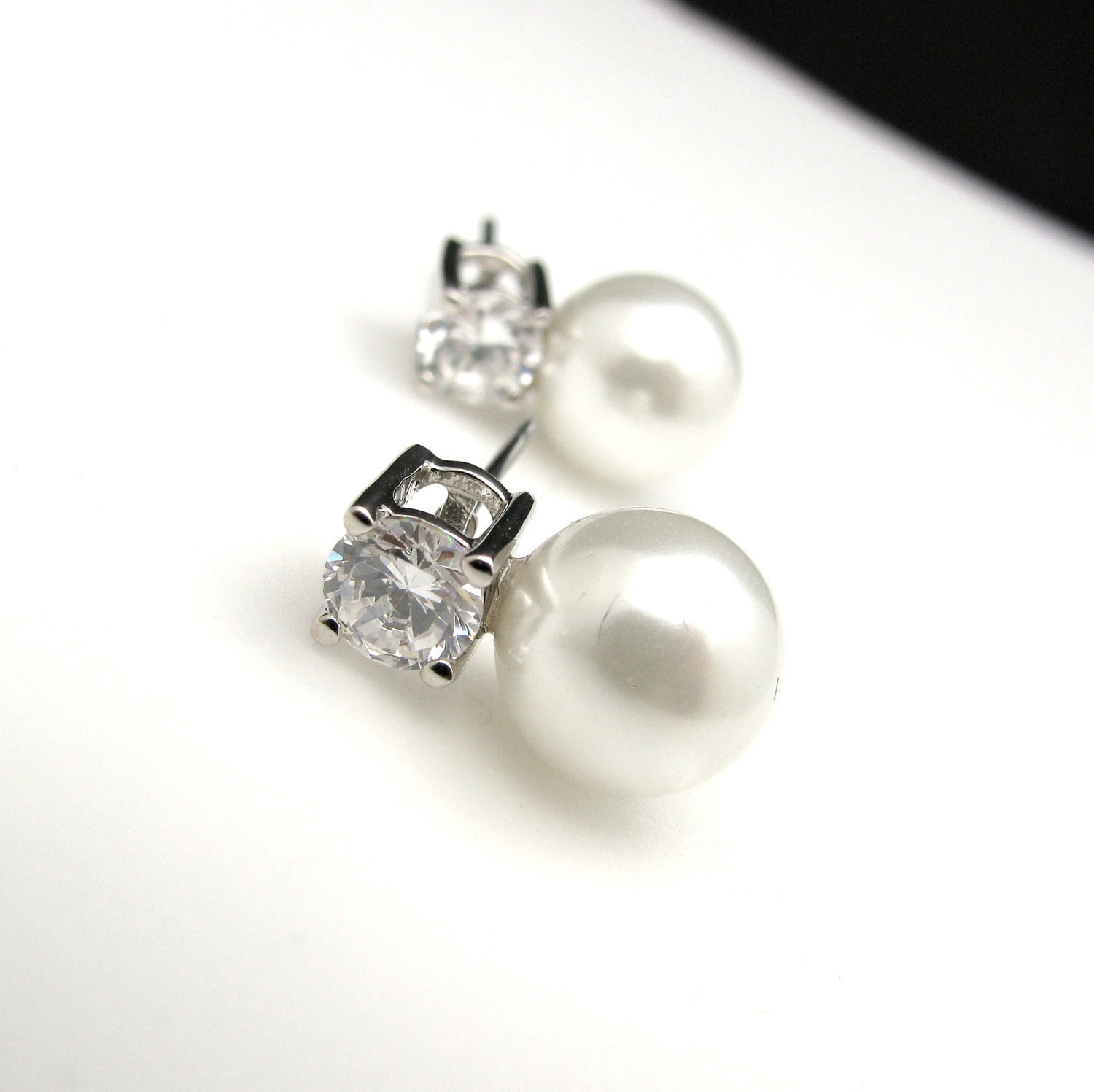Bridal Jewelry Bridal earrings bridesmaid wedding earrings white pearl on cubic zirconia earring post