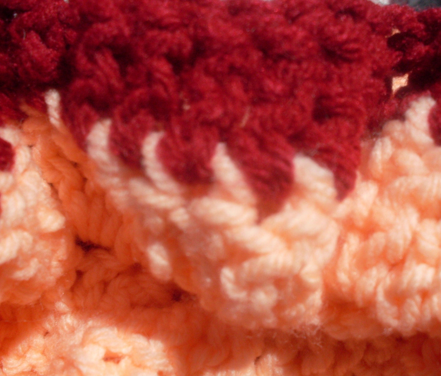 ON SALE, Hand crochet light coral and burgundy ruffle scarf.  Includes Shipping in the U.S.